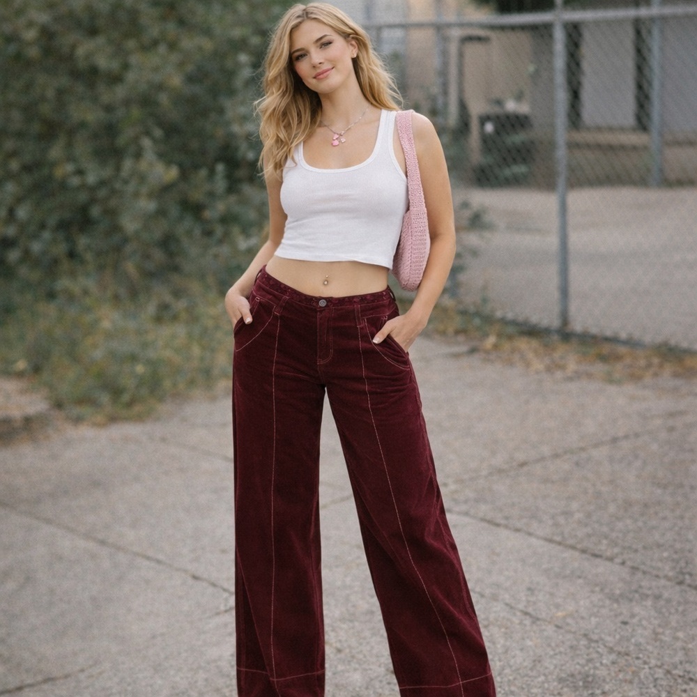Free People Y2K Corduroy Wide Leg Low Rise Pants Berry Colored Size 4